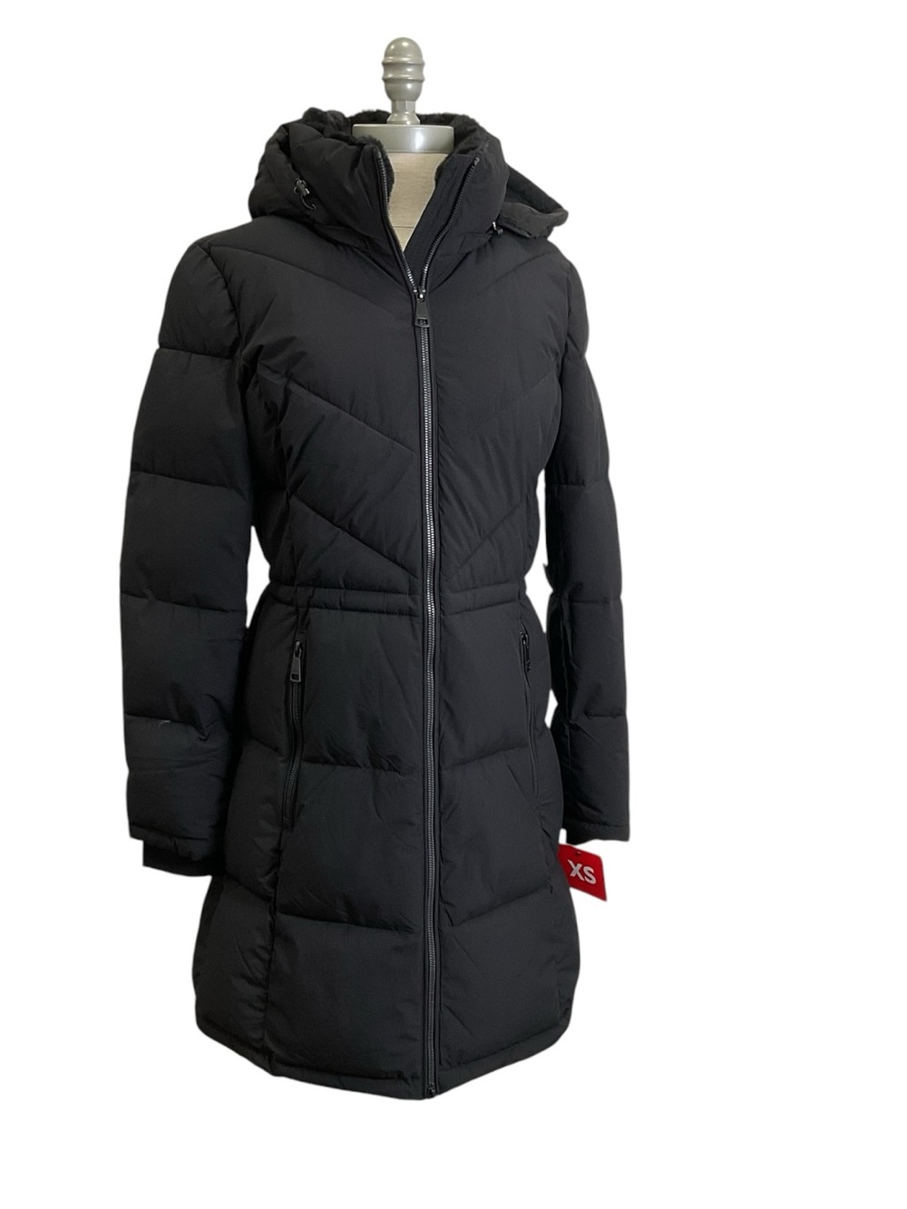 DKNY Black Hooded Long Quilted Puffer Coat Size XS New